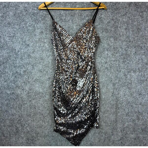 Windsor Bling Glam Queen Mini Dress Womens Black Sequin NYE Asymmetrical Hem
